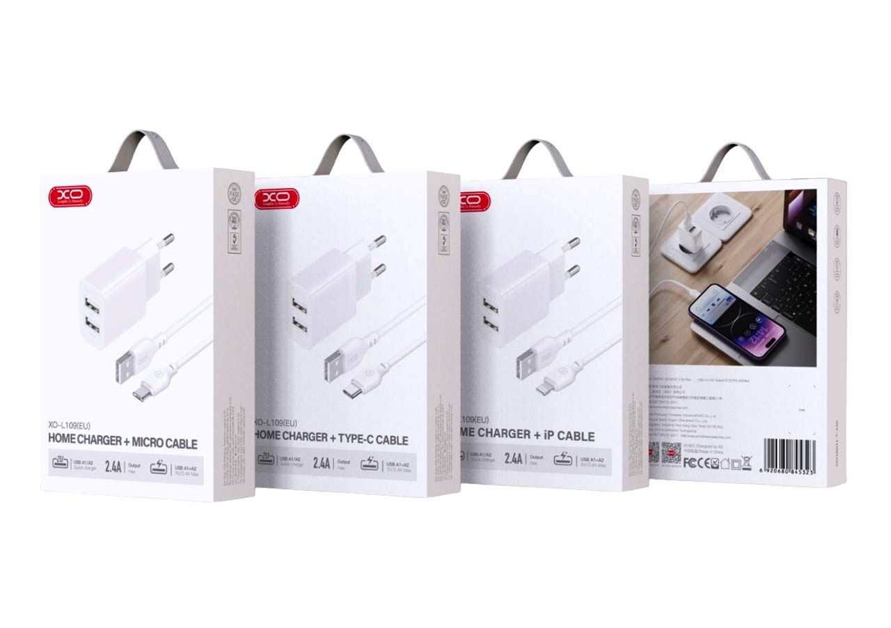 XO L109 (EU) Dual USB-A 2.4A Charger with Type-C cable