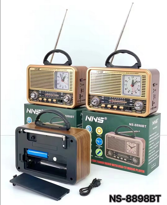 Επαναφορτιζόμενο ραδιόφωνο Retro με ρολόι – NS8898BT – 888988 – Silver