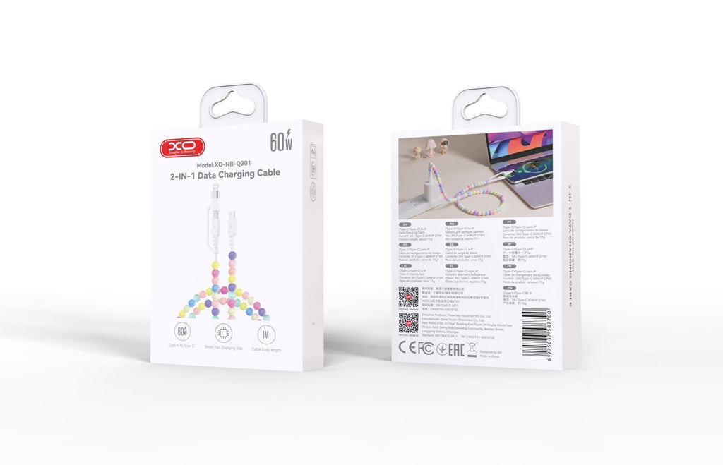 XO NB-Q301 Πολύχρωμο Καλώδιο με Χάντρες Type-C σε Type-C 60W & Lighting 27W 1m
