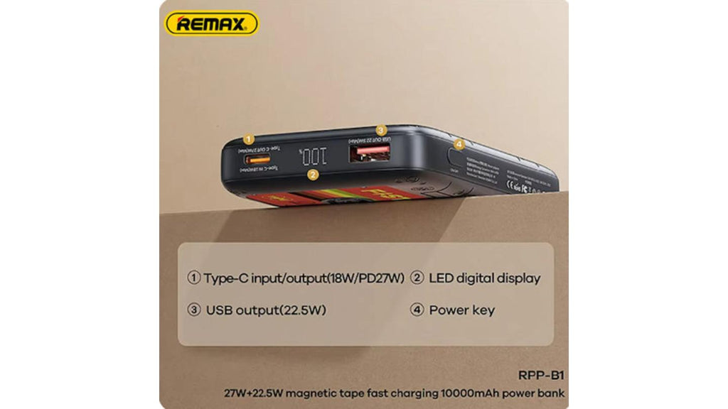 Remax RPP-B1 Power Bank 10000mAh 27W με Θύρα USB-A και Θύρα USB-C Μαύρο